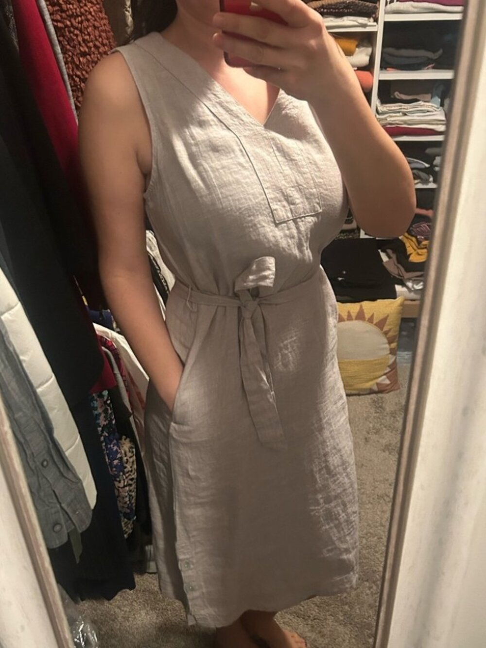 Tahari Cream Tie Front Ruched Midi Dress - linen dress